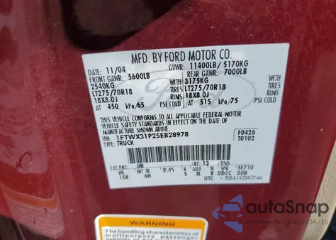 2005 Ford F350 Srw Super Duty z USA, uszkodzony, nr VIN 1FTWX31P25EB28978
